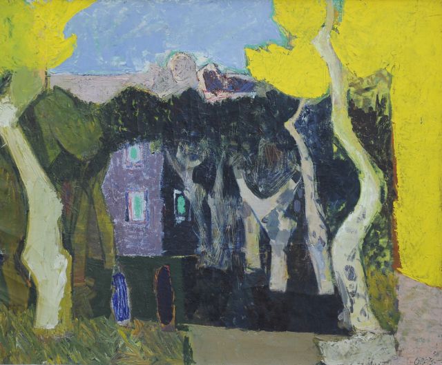 Wim Oepts | French village square with plane-trees, oil on canvas, 50.0 x 60.0 cm, signed l.r. and dated '58