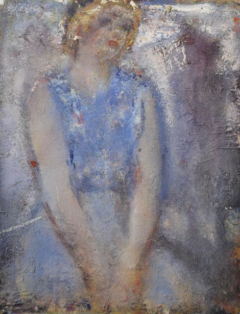 Westermann G.B.J.  | A lady, seated in a blue dress, oil on board 26.7 x 21.6 cm, without frame