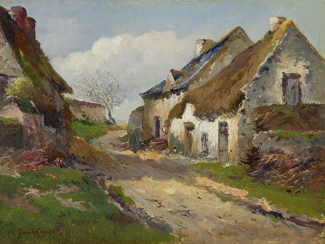 Antoine Guillemet | Farmhouses in Normandy, France, oil on canvas, 26.8 x 34.8 cm, signed l.l.