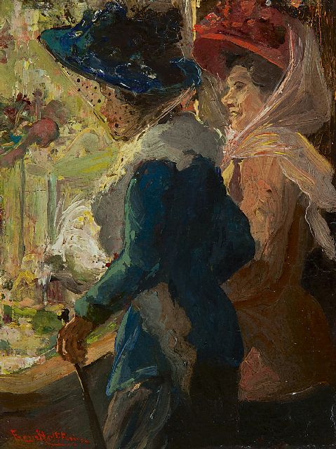 Helfferich F.W.  | At the window of the hatter's shop, oil on panel 15.9 x 12.0 cm, signed l.l.