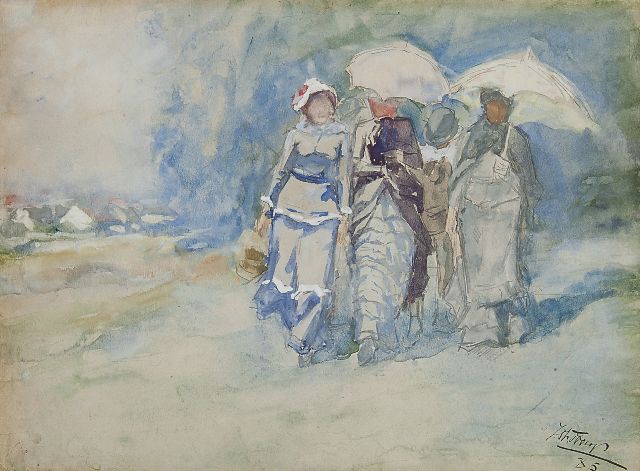 Toorop J.Th.  | Elegant company on an path in the dunes, watercolour on paper 24.4 x 33.3 cm, signed l.r. and dated '85