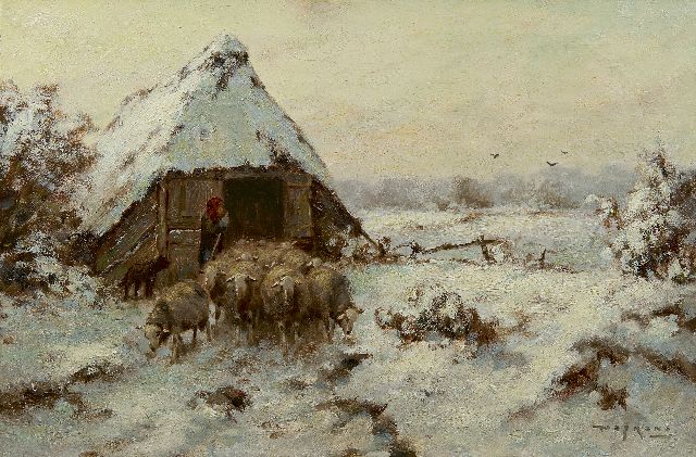 Nefkens M.J.  | Flock in winter on the Veluwe, oil on canvas 40.5 x 60.3 cm, signed l.r.