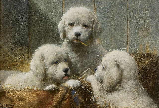 Eerelman O.  | Three puppies in a basket, watercolour on paper 36.0 x 53.5 cm, signed l.l.