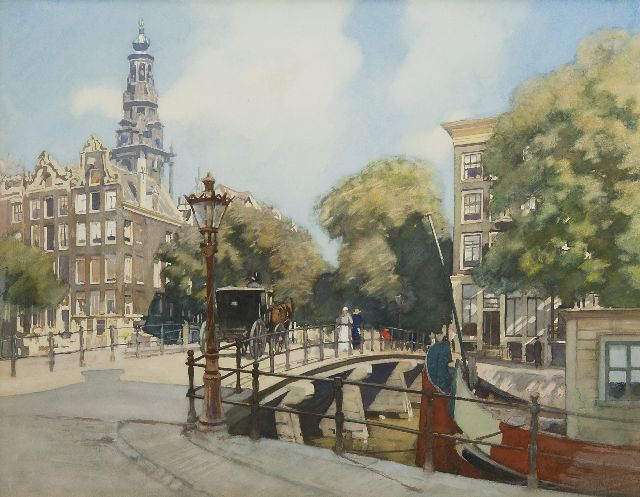 Jansen H.W.  | A view of the bridge over the Kloveniersburgwal, Amsterdam, watercolour on paper 45.5 x 56.8 cm, signed l.r.