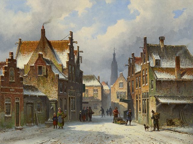 Eduard Alexander Hilverdink | A town's view in winter with the Nieuwe Kerk of Delft, oil on panel, 26.4 x 35.0 cm, signed l.l.