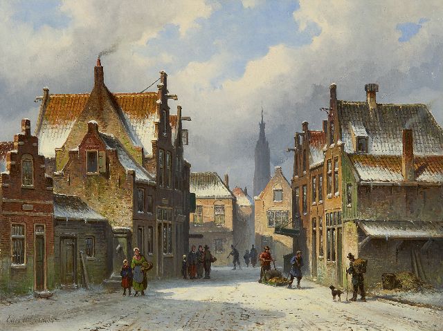 Hilverdink E.A.  | A town's view in winter with the Nieuwe Kerk of Delft, oil on panel 26.4 x 35.0 cm, signed l.l.