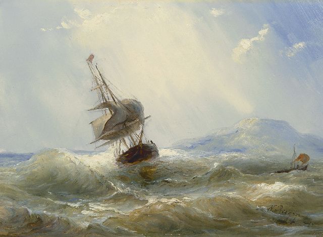 Riegen N.  | A ship on a choppy sea, oil on panel 26.7 x 35.0 cm, signed l.r.