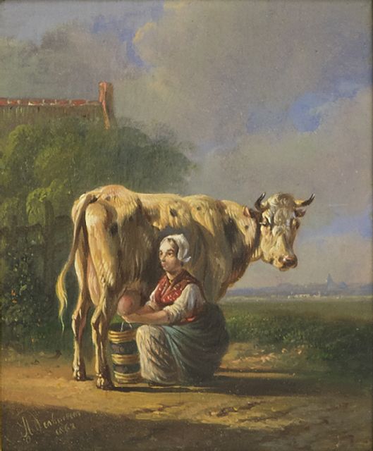 Albertus Verhoesen | A peasant woman milking a cow, oil on panel, 12.5 x 10.4 cm, signed l.l. and dated 1863