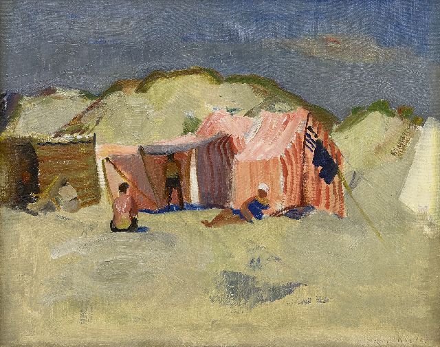 Harrie Kuijten | Beach with tents and figures, oil on canvas, 34.3 x 43.3 cm, signed l.r.