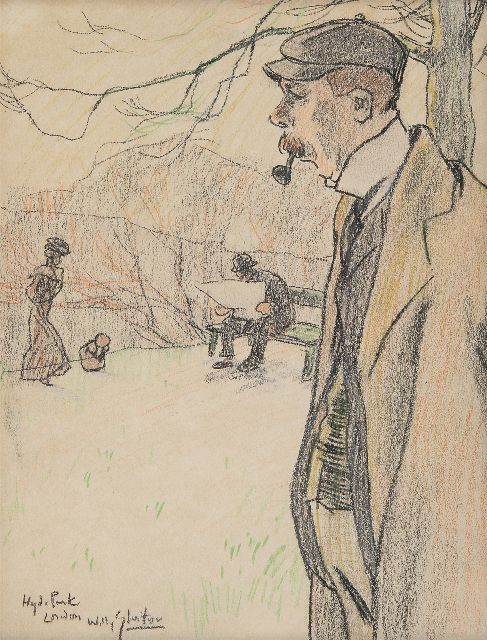 Sluiter J.W.  | In Hyde Park, London, chalk on paper 28.8 x 22.8 cm, signed l.l.