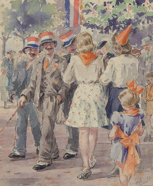 Schutte L.H.H.  | Celebrating the Queen's Birthday on the Kennemerplein in Haarlem, chalk and watercolour on paper 25.4 x 20.9 cm, signed l.r.