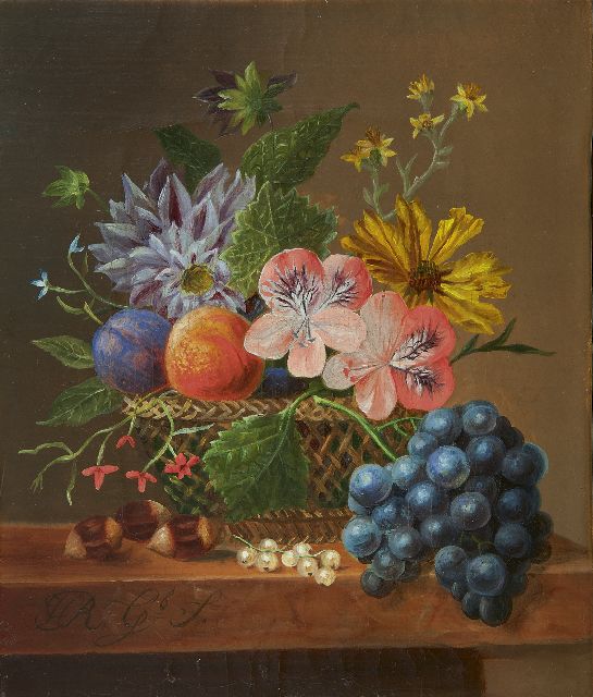 Onbekend   | A still life with flowers in a basket, oil on canvas 21.5 x 18.0 cm, signed l.l.  'H R. Gb S.