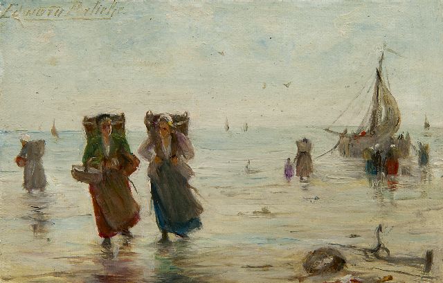 Edward Portielje | Fisher women on the beach in Zeeland, oil on canvas, 9.4 x 14.7 cm, signed u.l.