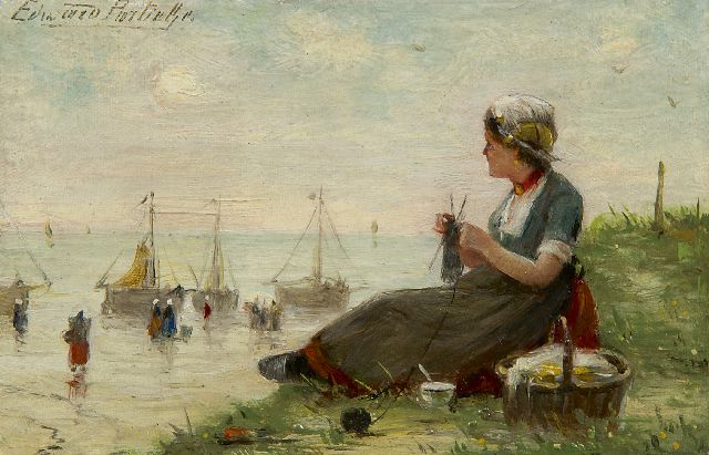 Portielje E.A.  | Knitting on the coast of Zeeland, oil on canvas 9.4 x 14.8 cm, signed u.l.