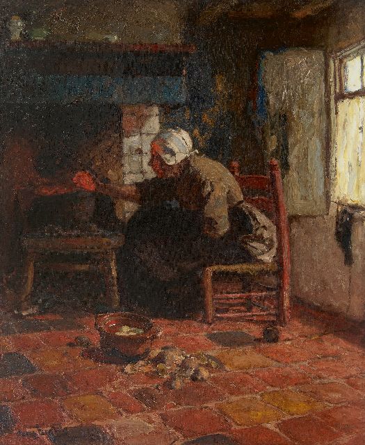 Bartels H. von | A woman from Katwijk near the fireplace, oil on canvas 67.3 x 55.0 cm, signed l.l.