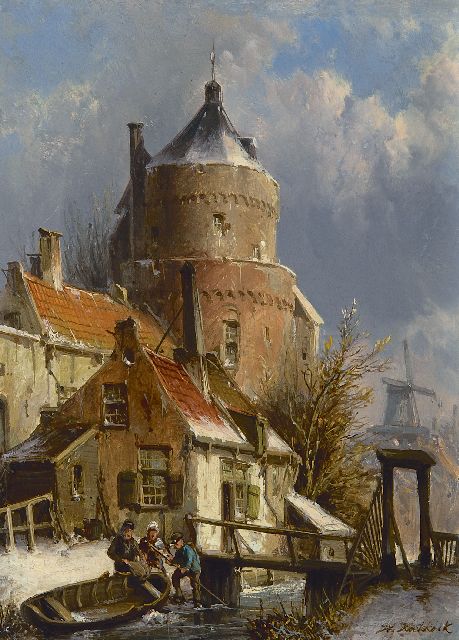 Koekkoek W.  | A Dutch town in winter, oil on panel 21.0 x 15.6 cm, signed l.r.