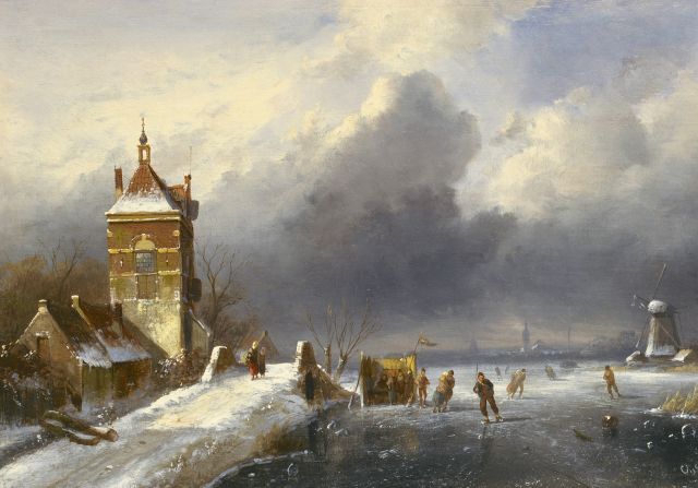 Charles Leickert | Skaters on the ice, oil on panel, 26.6 x 40.3 cm, signed l.r.