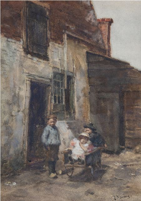 Kerling A.E.  | Children playing with a wheelbarrow, watercolour on paper 38.4 x 27.6 cm, signed l.r.