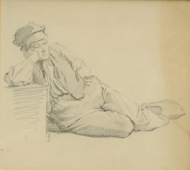 Barend Cornelis Koekkoek | Study of a sleeping farm boy, chalk on paper, 14.3 x 15.9 cm