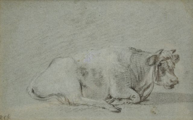 Barend Cornelis Koekkoek | Study of a resting cow, chalk on coloured paper, 13.2 x 21.0 cm, signed l.l. with initials