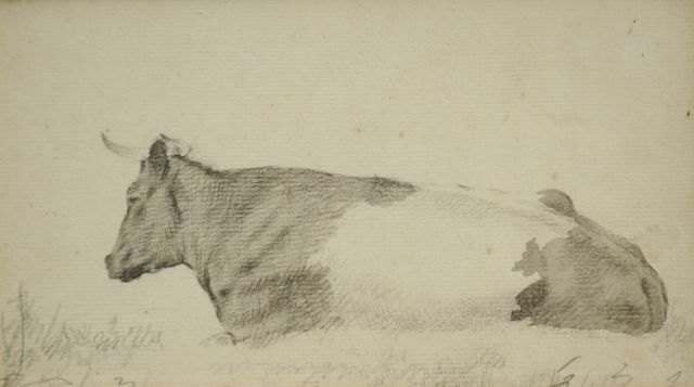 Barend Cornelis Koekkoek | Study of a resting cow, chalk and watercolour on paper, 10.1 x 18.2 cm