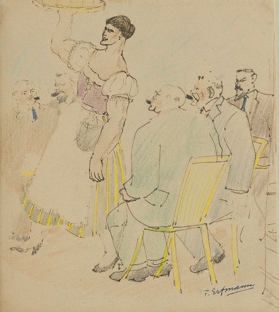 Ferdinand Erfmann | The German waitress, pen, ink and pencil on paper, 21.0 x 18.9 cm, signed l.r.