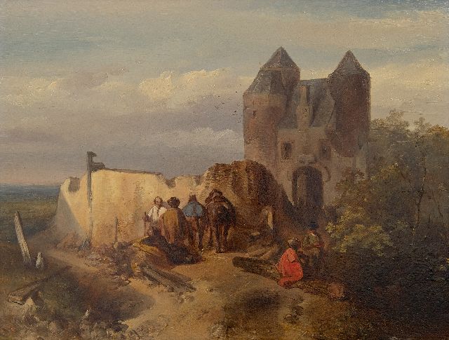 Rochussen Ch.  | Landscape with travellers near a ruin, oil on panel 25.5 x 33.5 cm, signed l.l. and dated '42