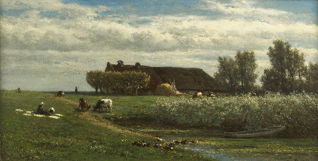 Willem Roelofs | A polder landscape with a farmer's wife bleaching clothes, oil on panel, 23.0 x 45.1 cm, signed l.r.