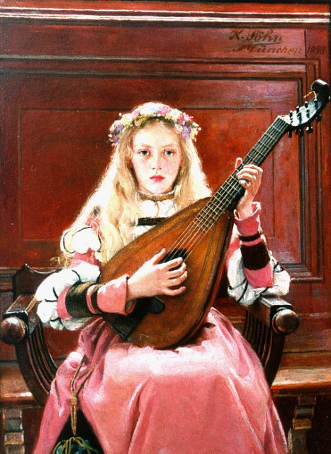 Sohn K.W.  | A girl with a lute, oil on panel 18.0 x 13.7 cm, signed u.r. and dated 1898