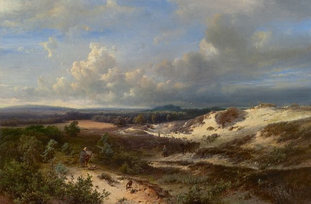 Kluyver P.L.F.  | Painter paints in the dunes near the sea (all animals and figure are by Cornelis Springer), oil on canvas 56.5 x 84.5 cm, signed l.l. 'Kluyver' and l.r. 'C. Springer fig'