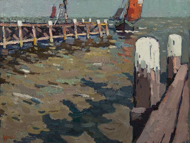 Hynckes R.  | Entrance of the harbour of Volendam, oil on panel 41.8 x 56.0 cm, signed l.l.