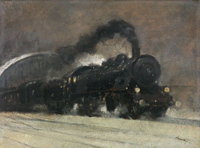 Ronek J.  | Steamtrain leaving the station, oil on painter's board 44.5 x 59.6 cm, signed l.r.