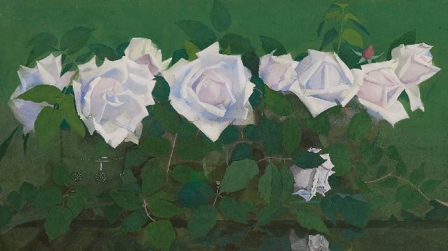 Jan Voerman sr. | 'La France'-roses in glass vases, gouache on paper, 31.8 x 56.9 cm, signed l.r. and executed ca. 1891-1899