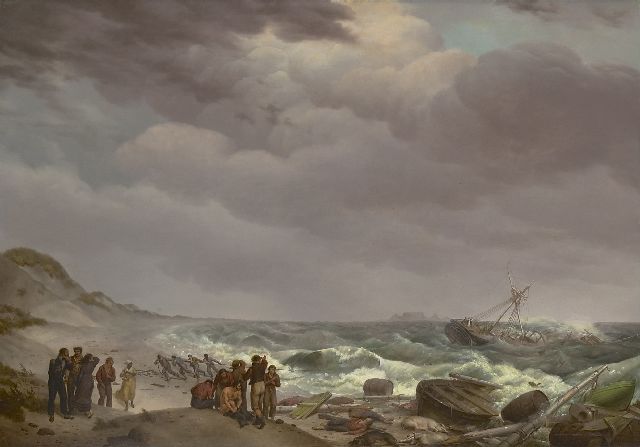 Koekkoek J.H.  | Shipwreck at the South African coast, Tsaarsbank, with the Table Mountain in the distance, oil on panel 57.4 x 82.8 cm, signed l.r. and dated 1824 (vague)