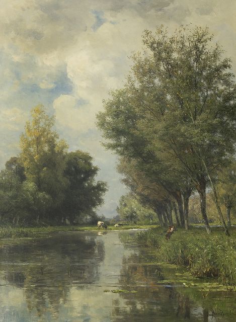 Borselen J.W. van | Anglers in a summery polder landscape, oil on canvas 100.1 x 73.0 cm, signed l.r.