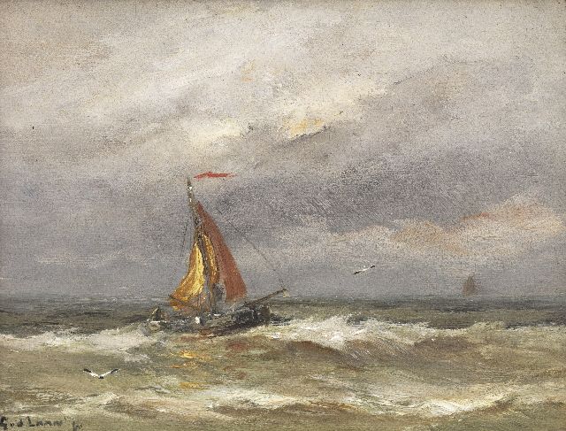 Gerard van der Laan | Fishing ship on the sea by Katwijk, oil on panel, 15.0 x 19.8 cm, signed l.l.