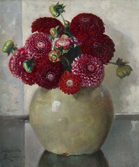 Schreuder van de Coolwijk J.H.W.M.  | Dahlia's, oil on canvas 30.0 x 25.2 cm, signed l.l.