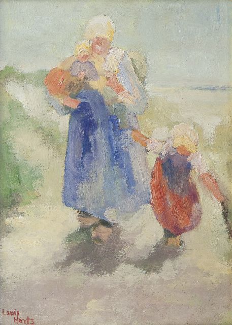 Hartz L.J.  | Homeward bound in the dunes, Katwijk, oil on board laid down on panel 25.3 x 19.2 cm, signed l.l.