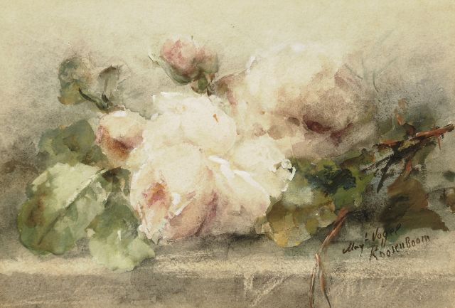 Roosenboom M.C.J.W.H.  | Roses on a ledge, watercolour and gouache on paper 20.8 x 29.9 cm, signed l.r.