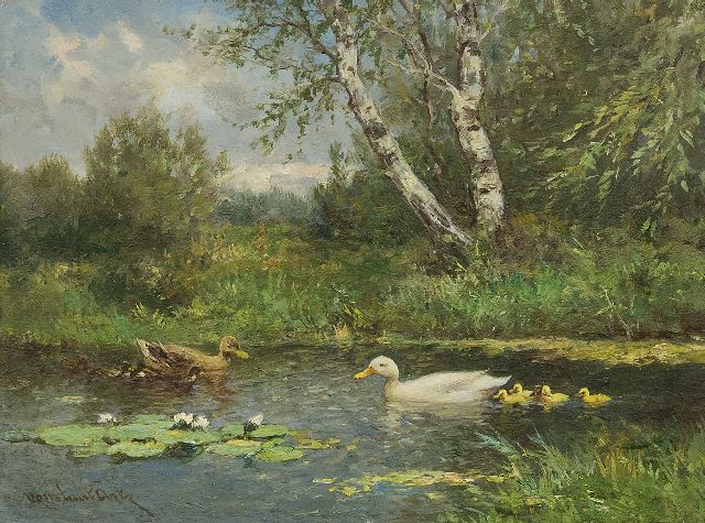 Constant Artz | Two duck families in a ditch, oil on panel, 18.2 x 24.1 cm, signed l.l.