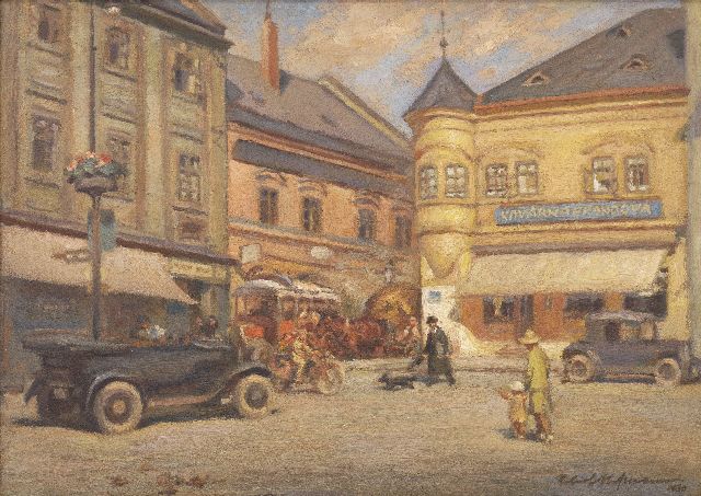 Hofmann R.  | Marketplace in Kroměříž with the well known coffeehouse Kavárna Brándova, oil on painter's board 38.3 x 53.0 cm, signed l.l. and dated 1930