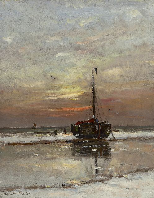 Munthe G.A.L.  | A bomschuit on the beach at sunset, oil on canvas 50.8 x 40.7 cm, signed l.l. and dated '24