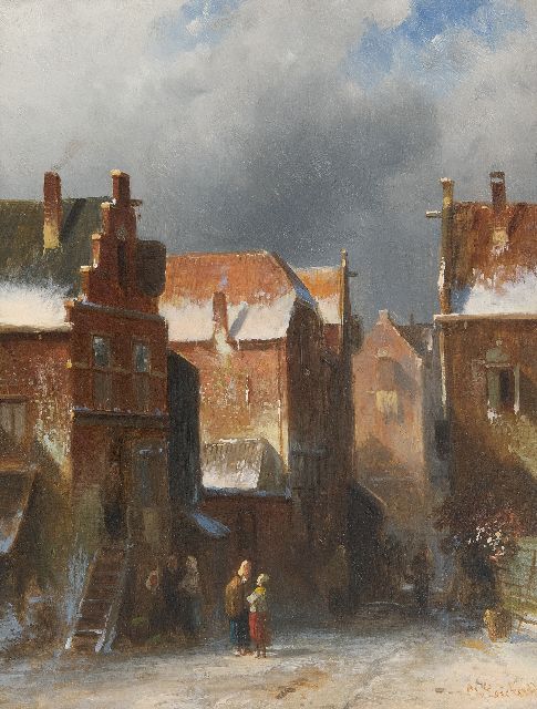 Leickert C.H.J.  | Figures in a snow-covered town, oil on panel 27.2 x 21.6 cm, signed l.r.