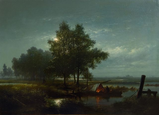 Winter L. de | A moonlit river landscape with fishermen, oil on canvas 61.7 x 85.8 cm, signed l.l. and dated 1850