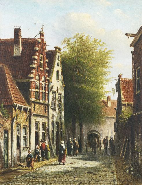 Johannes Franciscus Spohler | Cityview in Summer with figures and a horse and cart, oil on panel, 19.0 x 14.9 cm, signed l.r.
