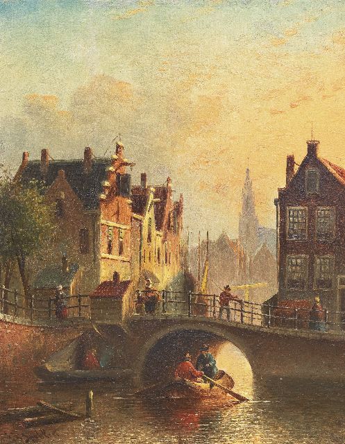 Johannes Franciscus Spohler | View of a town with a bridge and boats, oil on panel, 19.0 x 14.8 cm, signed l.l.