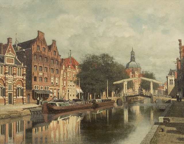 Klinkenberg J.C.K.  | A view of Leiden with the Oude Rijn and the Marekerk, oil on panel 39.3 x 51.0 cm, signed l.r.