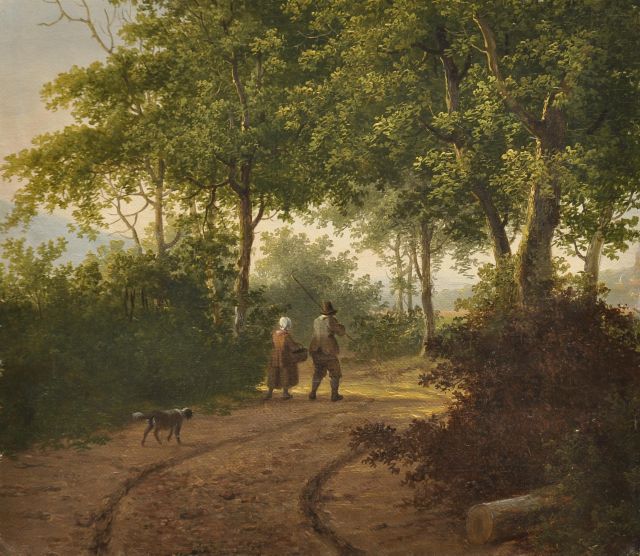 Stok J. van der | A couple and dog on a forest path, oil on canvas laid down on panel 24.3 x 27.6 cm