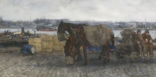 Johan Hendrik van Mastenbroek | Lunchtime in the harbour of Rotterdam, watercolour on paper, 46.5 x 91.0 cm, signed l.r.