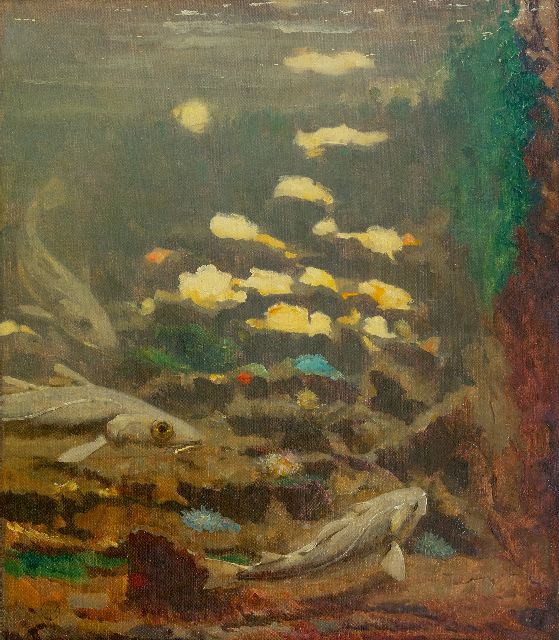 Dijsselhof G.W.  | Carps and anemones, oil on canvas 40.3 x 35.0 cm, signed l.l. with monogram